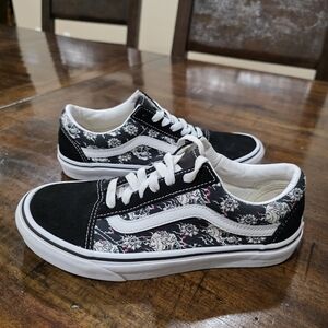 Vans Kids Black Floral Low-Top Sneakers with White Stripe
